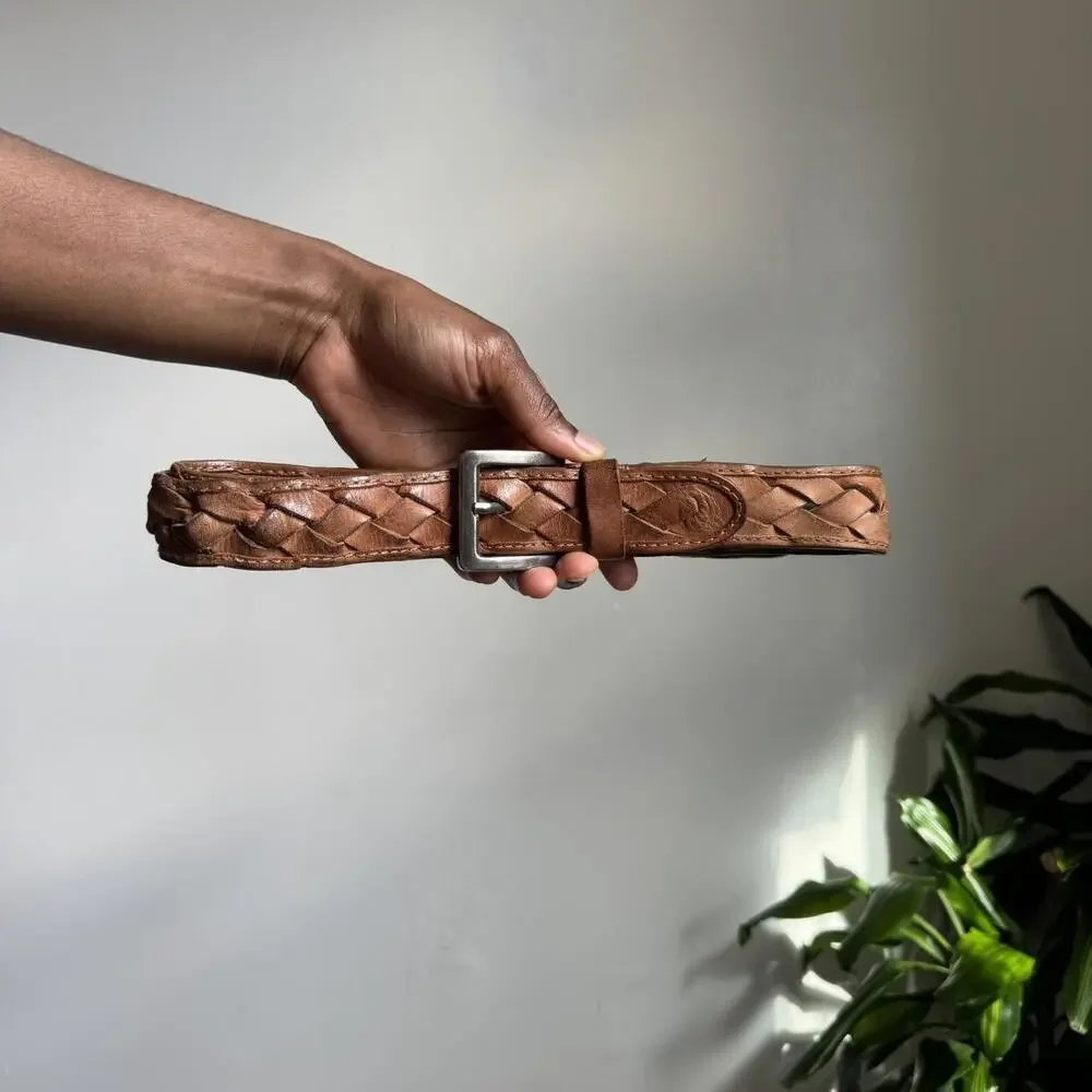 Vintage boho grunge Braided western genuine leather belt size 42‎